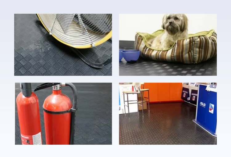 Checkered rubber plate matting installed as cargo liner in a utility delivery truck and factory ramp