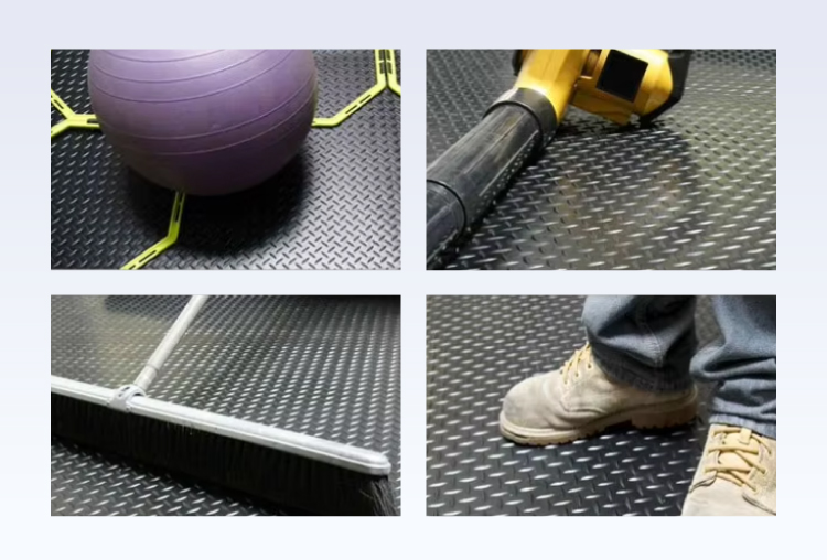 Industrial diamond plate rubber runner matting installed in a multi-car commercial garage workshop floor