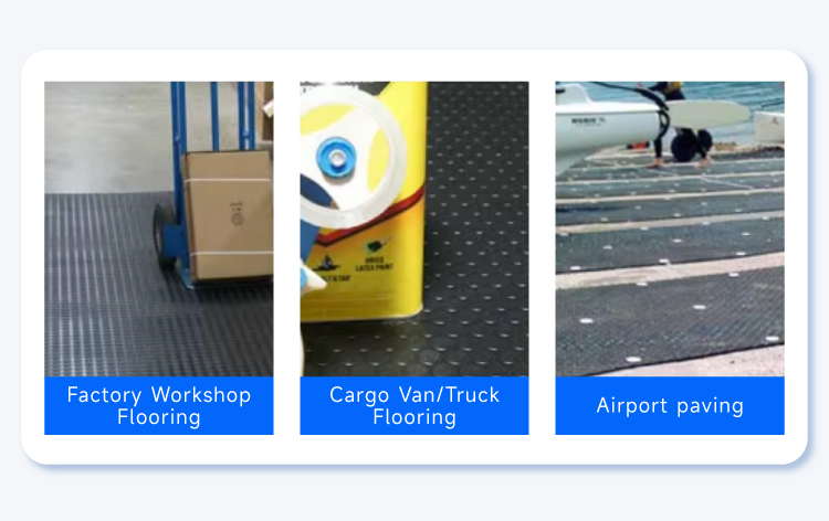 Industrial rubber coin flooring installed in warehouse walkway and commercial garage
